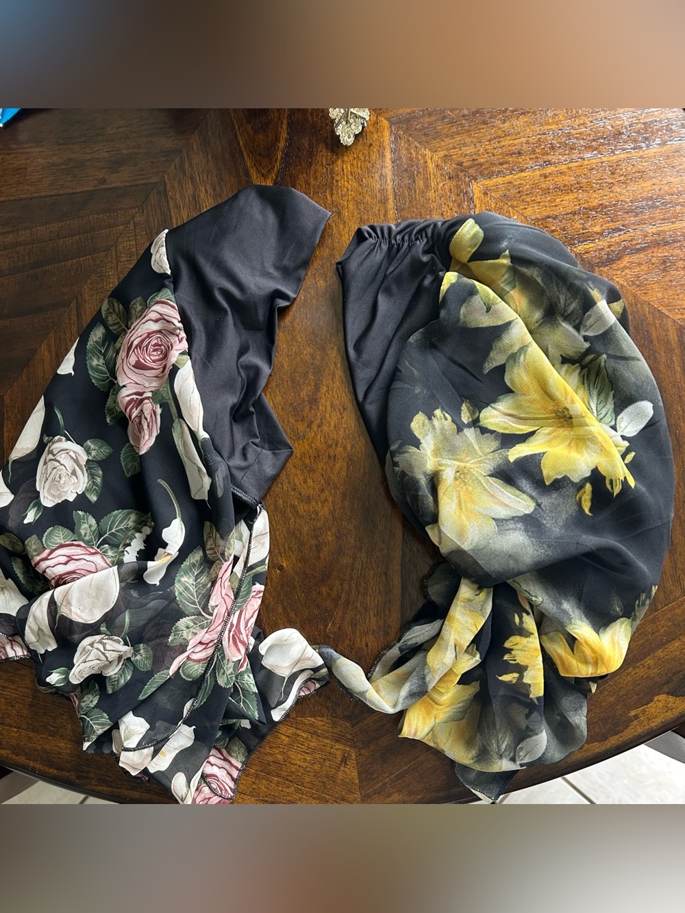 2 Black Floral Headscarves - Pink & Yellow Floral Designs